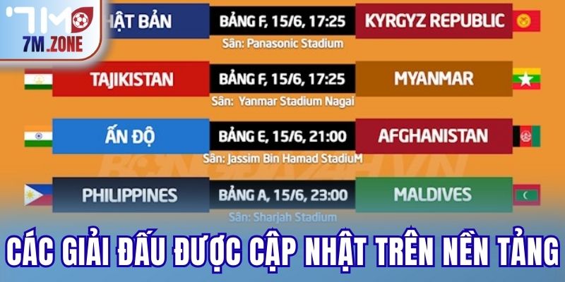 Các giải đấu được cập nhật trên nền tảng